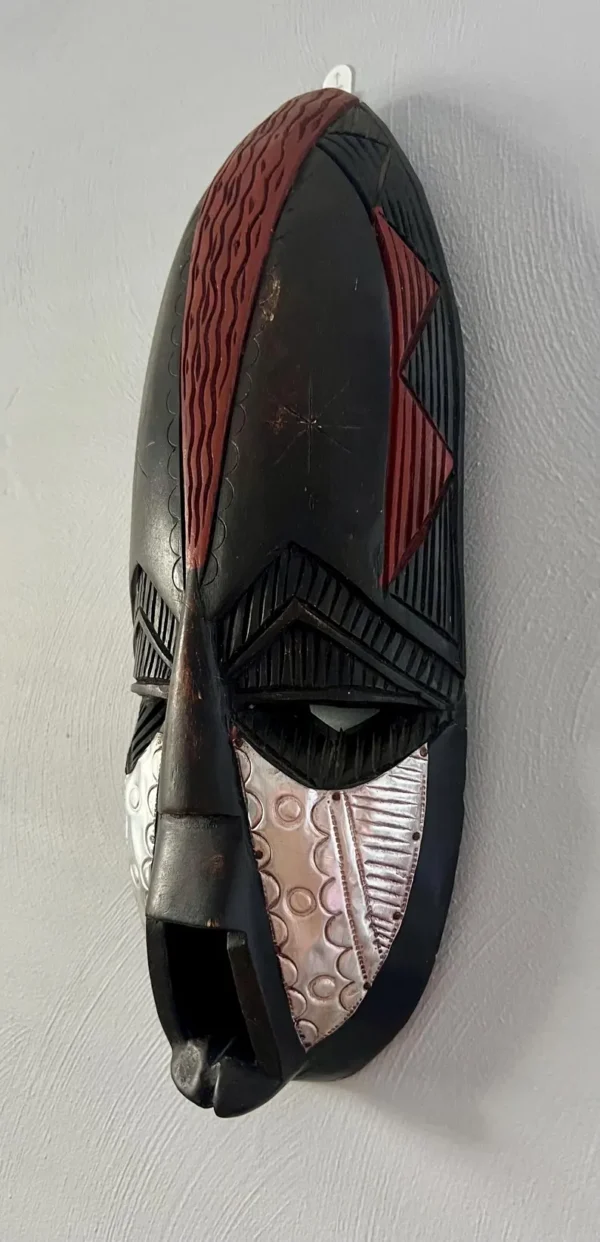 Vintage AFRICAN TRIBAL MASK - Ghana - Hanging Wall Art - Hand Carved Wood and Hammered Metal