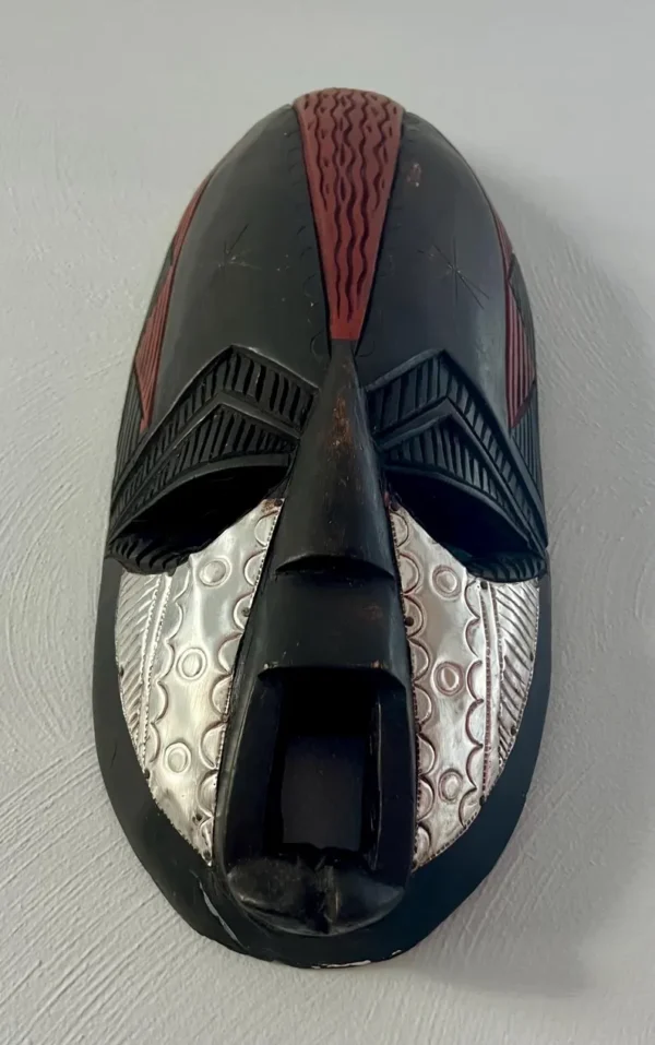 Vintage AFRICAN TRIBAL MASK - Ghana - Hanging Wall Art - Hand Carved Wood and Hammered Metal - Image 2