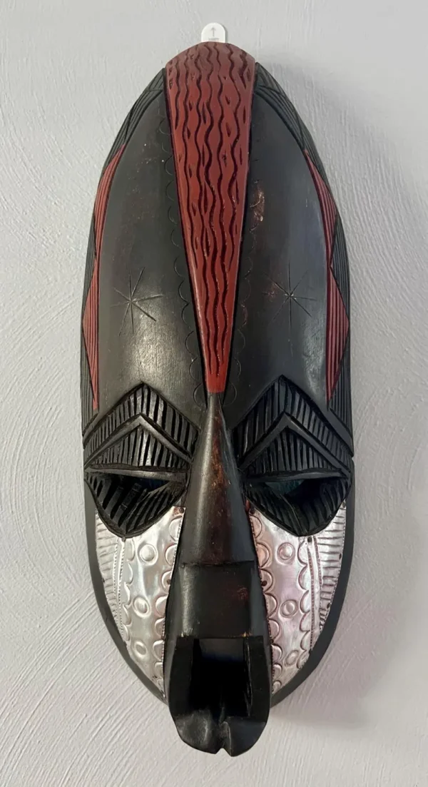 Vintage AFRICAN TRIBAL MASK - Ghana - Hanging Wall Art - Hand Carved Wood and Hammered Metal - Image 4