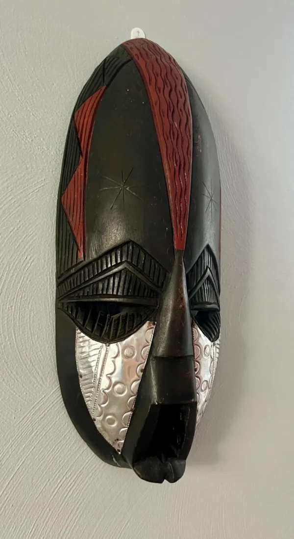 Vintage AFRICAN TRIBAL MASK - Ghana - Hanging Wall Art - Hand Carved Wood and Hammered Metal - Image 5